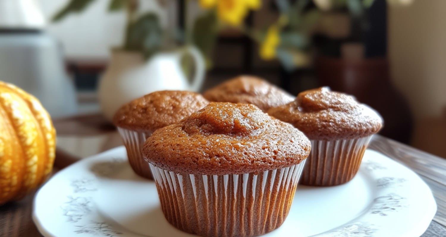 Golden-brown pumpkin muffins with powdered sugar, perfect for autumn treats.