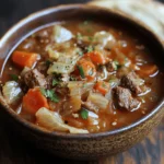 Cabbage and Beef Soup in a bowl, filled with tender beef, fresh cabbage, and vegetables, simmered to perfection.