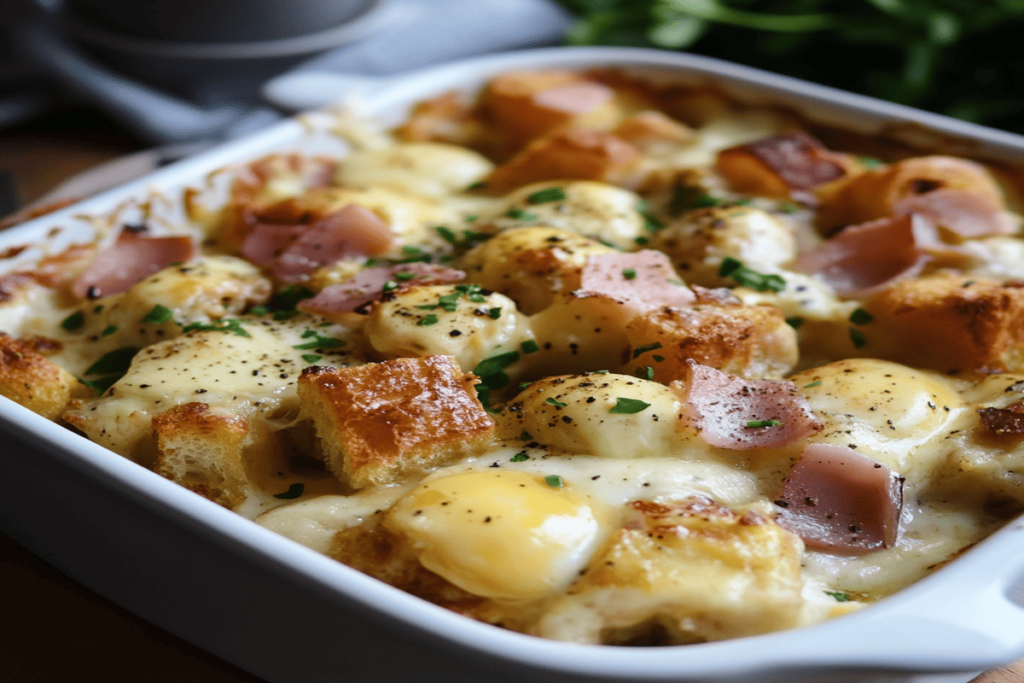 Eggs Benedict Breakfast Casserole with creamy hollandaise sauce, ham, and poached eggs.