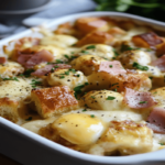 Eggs Benedict Breakfast Casserole with creamy hollandaise sauce, ham, and poached eggs.