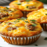 Sausage, egg, and cheese muffins on a wooden table