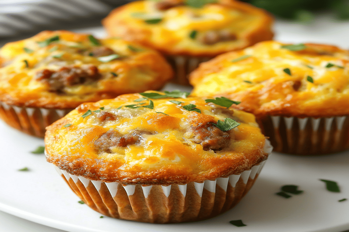 Sausage, egg, and cheese muffins on a wooden table