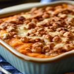 Old Fashioned Sweet Potato Casserole topped with golden marshmallows and crunchy pecans in a 9x13-inch baking dish.