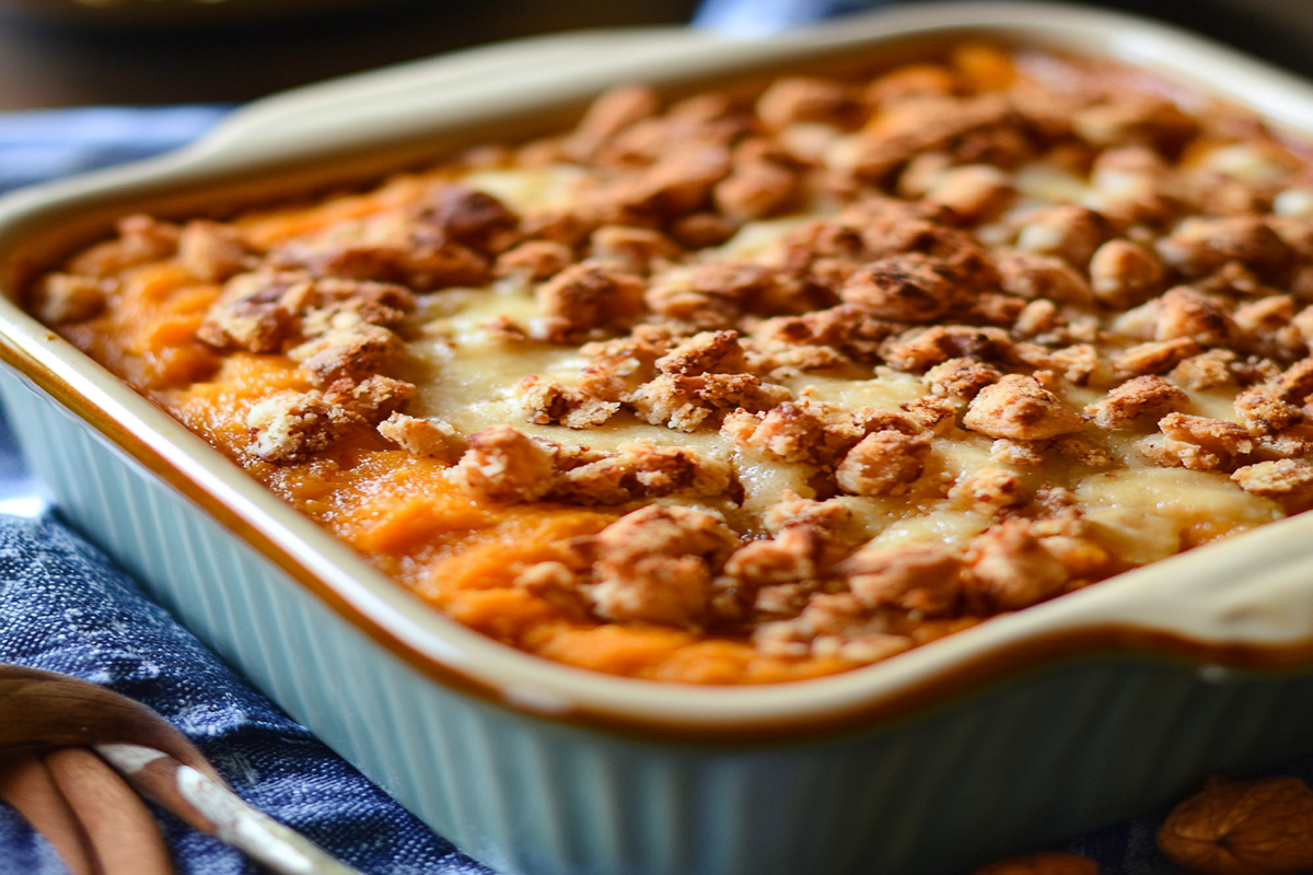 Old Fashioned Sweet Potato Casserole topped with golden marshmallows and crunchy pecans in a 9x13-inch baking dish.