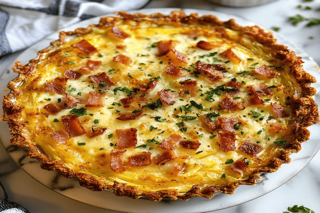 Delicious homemade hash brown quiche with cheese, eggs, and crispy hash browns.